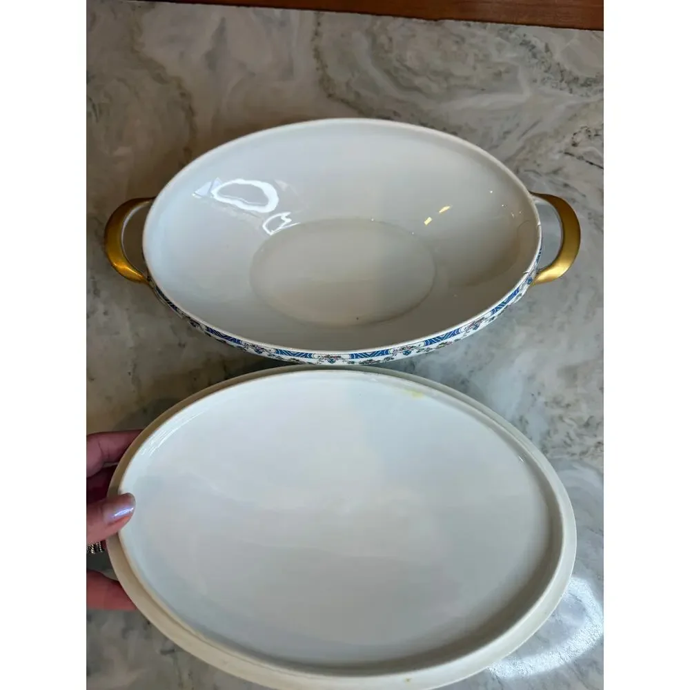 Vintage T&V Limoges France Oval Lidded Dish Blue Vine Pattern Gold Handles